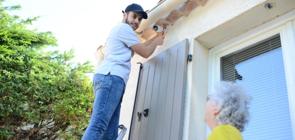 Handsome,young,man,installing,house,security,anti,burglary,camera,and