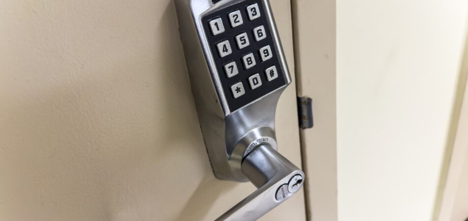 Door,lock,,embodying,security,and,access,control.,the,polished,metal