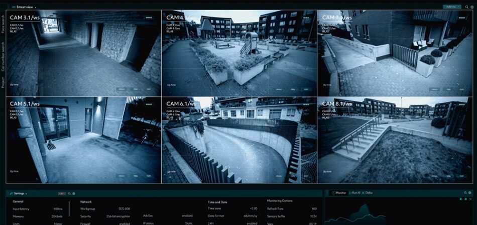 Surveillance,cctv,camera,,multiple,screens,show,secure,outside,residential,building