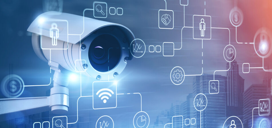 Street,camera,for,surveillance,and,business,icons,over,cityscape,background.
